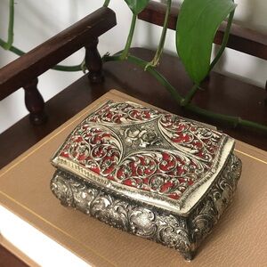 Vintage Japanese Metal Jewelry Box – Red Floral Relief – Made in Japan